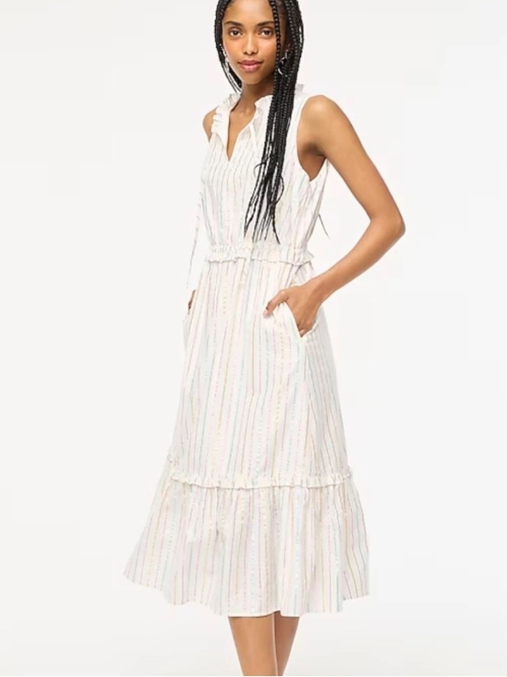 J.Crew Metallic Stripe Ruffle Neck Cotton Midi Dress with Pockets, Size 8